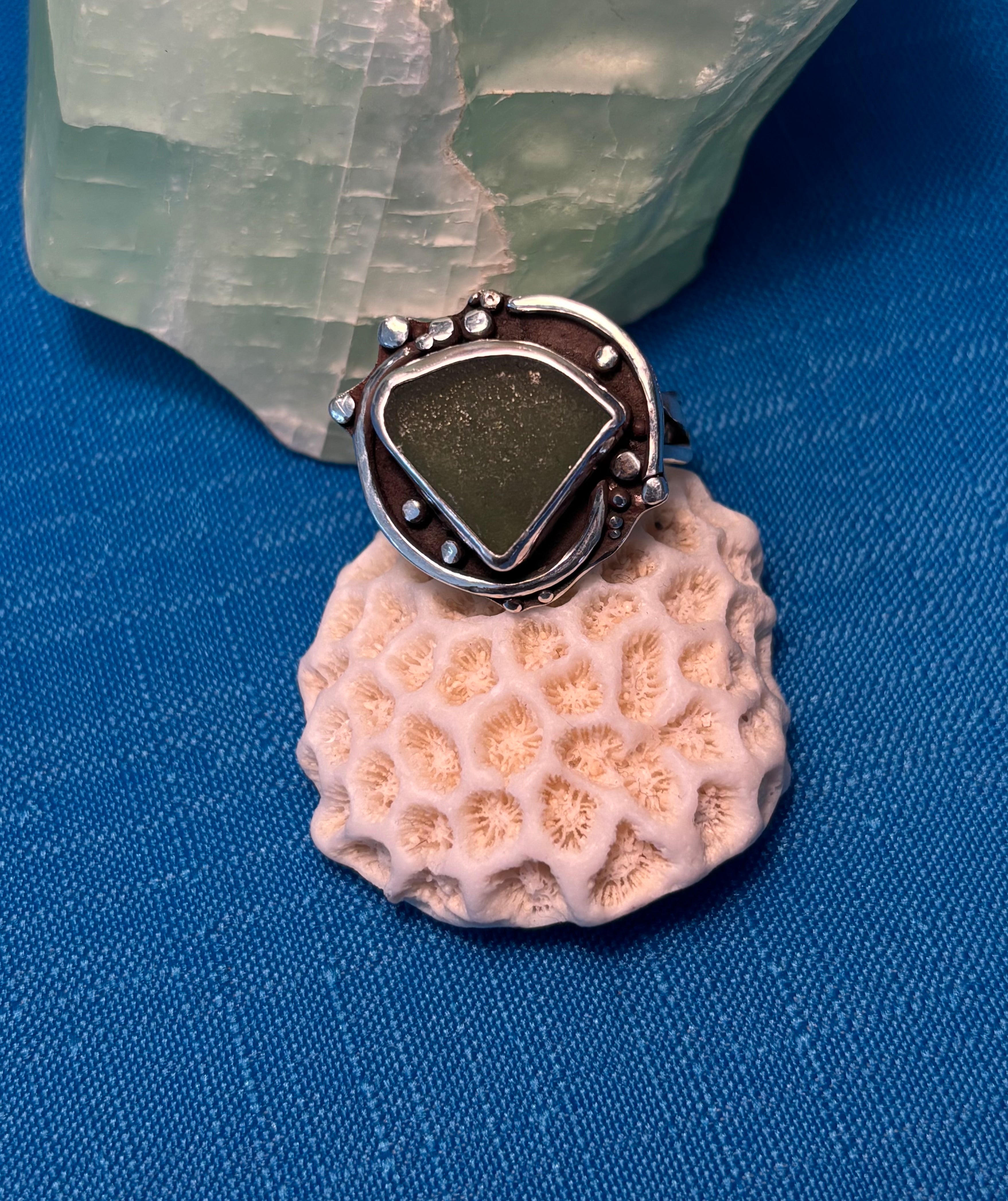 Sterling Silver & Dark Green Sea Glass Ring.